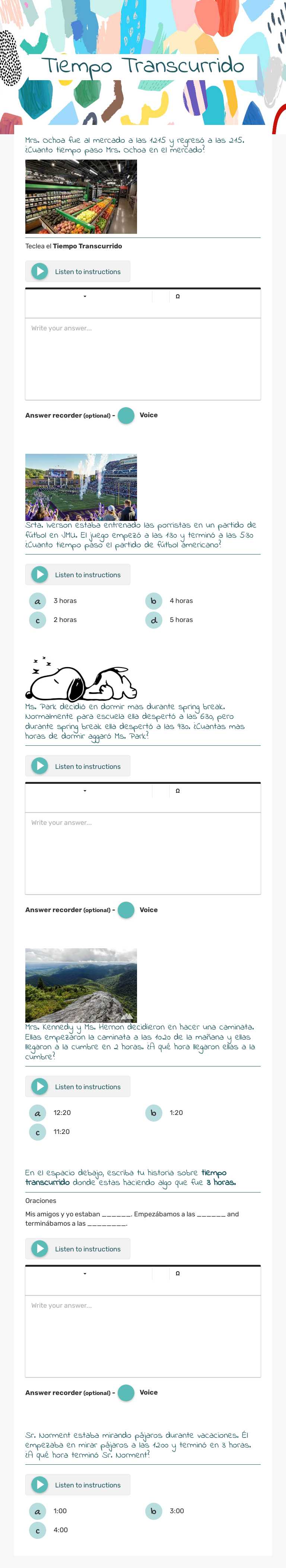 Tiempo Transcurrido Grade 3 worksheet preview