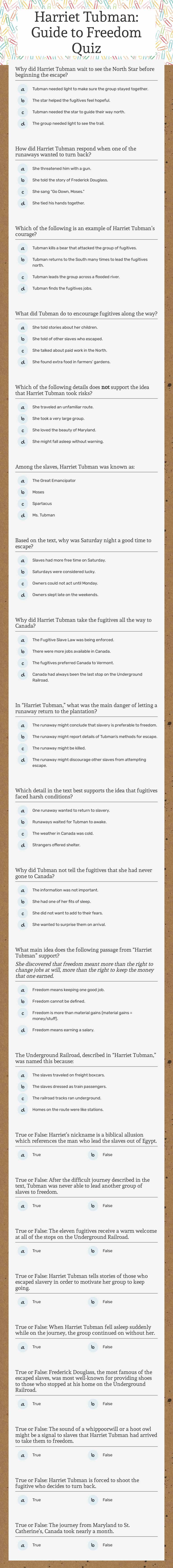 Harriet Tubman: Guide to Freedom Quiz worksheet preview image