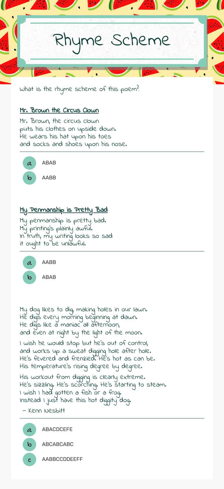 Rhyme Scheme worksheet preview image