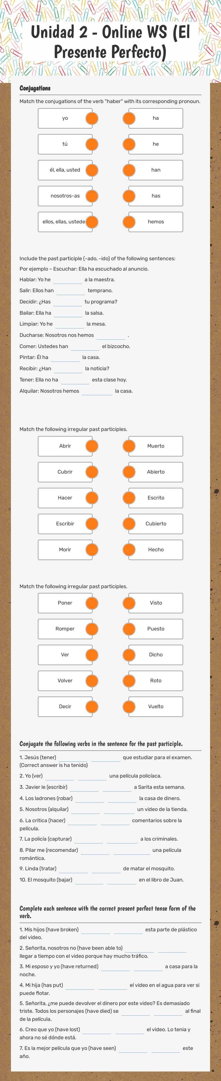 Unidad 2 - Online WS (El Presente Perfecto) worksheet preview image