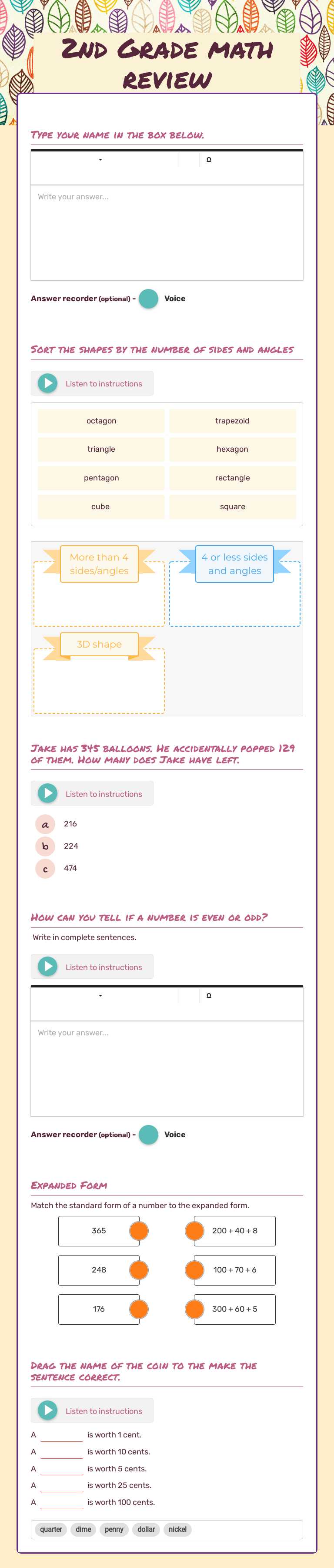2nd Grade math review worksheet preview image