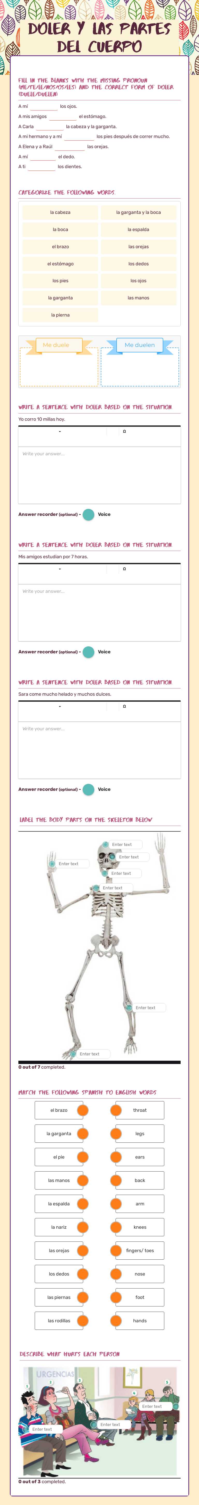 Doler y las partes del cuerpo worksheet preview image