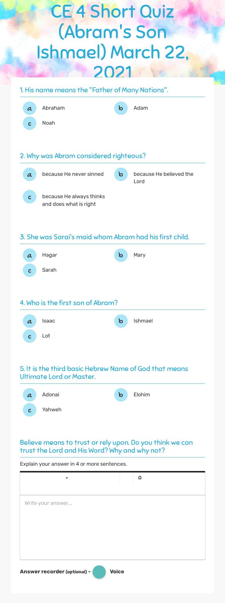 CE 4 Short Quiz
(Abram's Son Ishmael)
March 22, 2021 worksheet preview image