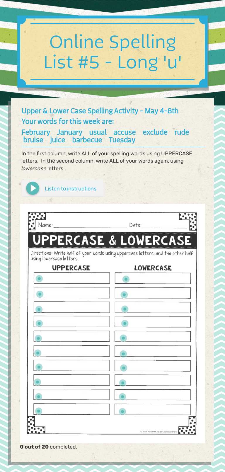 Online Spelling List #5 - Long 'u' Grade 3 worksheet preview