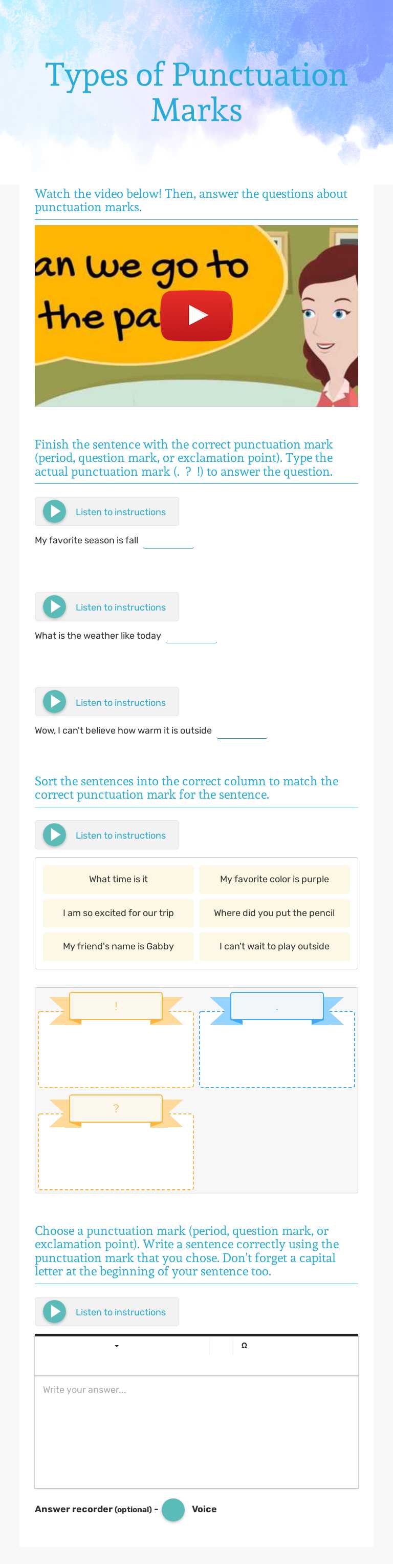 Types of Punctuation Marks worksheet preview image