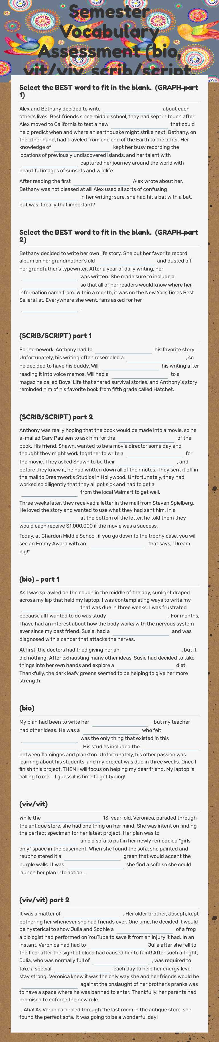 Part 1 : 2nd Semester Vocabulary Assessment (bio, vit/viv, scrib/script, graph) worksheet preview image