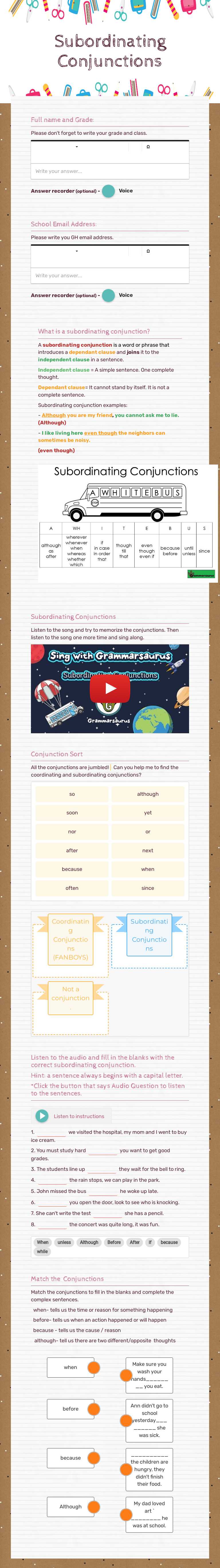 Subordinating Conjunctions ISAWAWABUB worksheet preview image