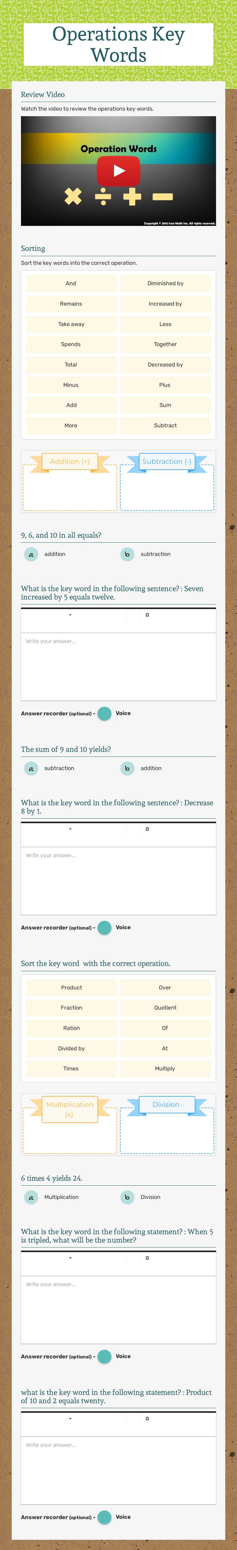Operations Key Words worksheet preview image