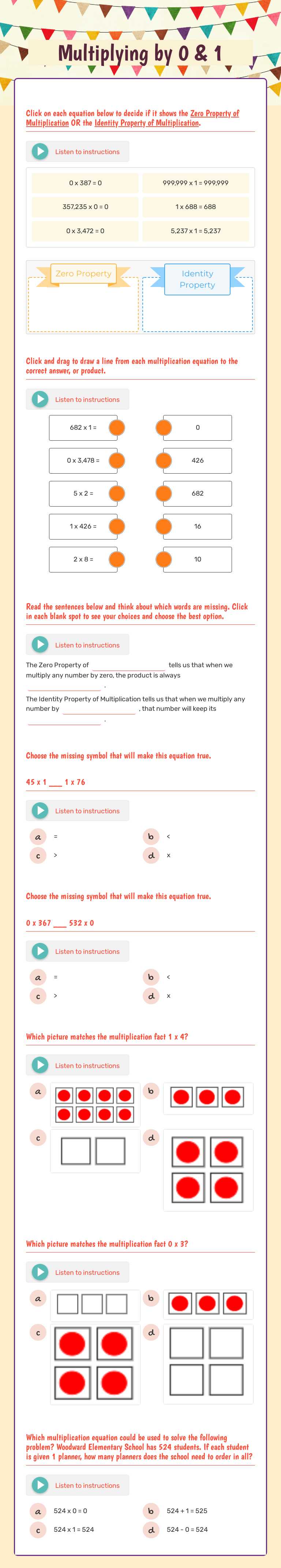 Multiplying by 0 & 1 worksheet preview image