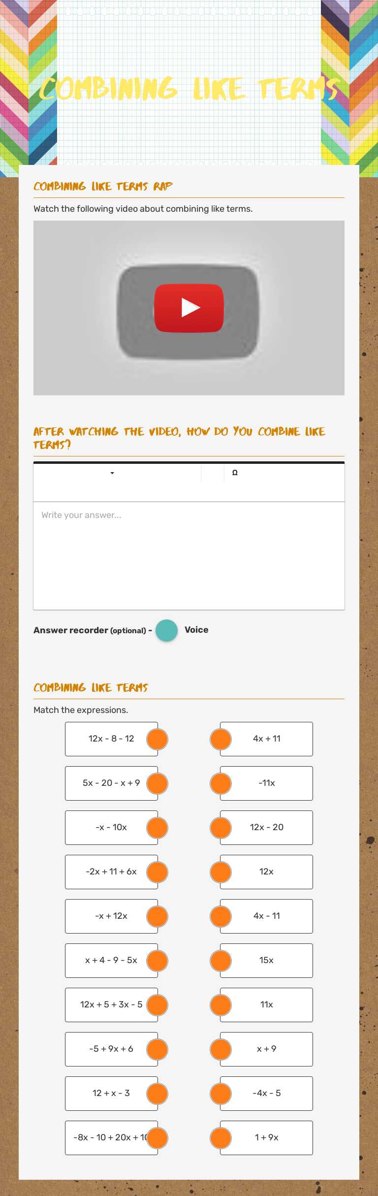 Combining Like Terms Grade 7 worksheet preview
