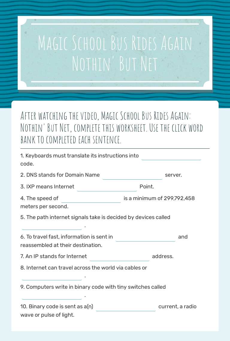 Magic School Bus Rides Again Nothin' But Net worksheet preview image
