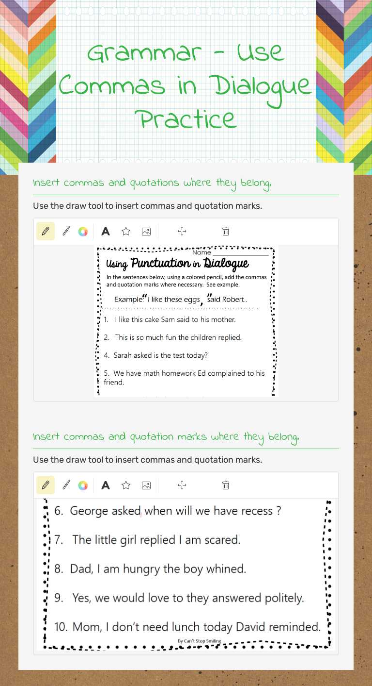 Grammar - Use Commas in Dialogue Practice worksheet preview image