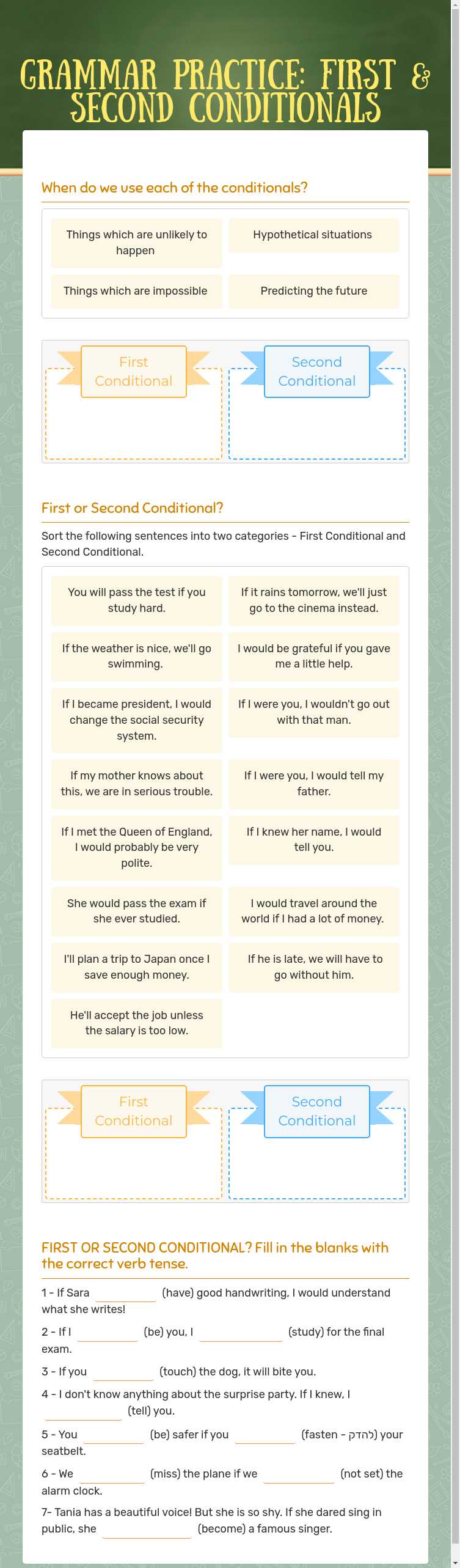 Grammar practice: First & Second Conditionals worksheet preview image