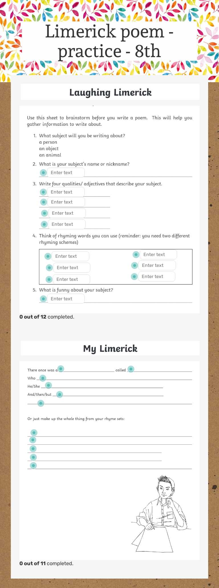 Limerick poem - practice - 8th worksheet preview image