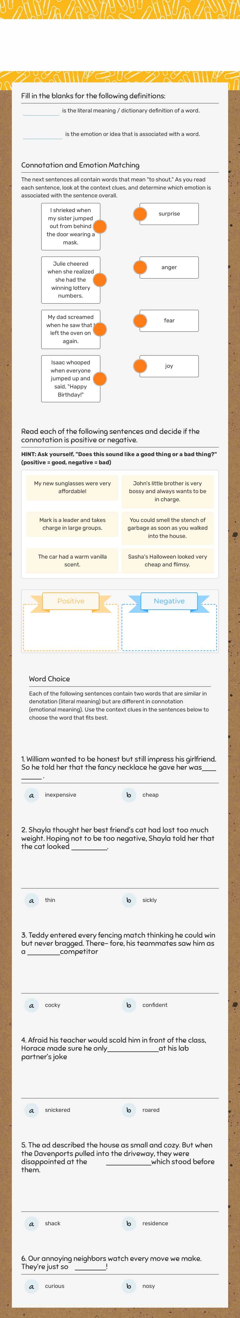 Connotation & Denotation Grade 6 worksheet preview