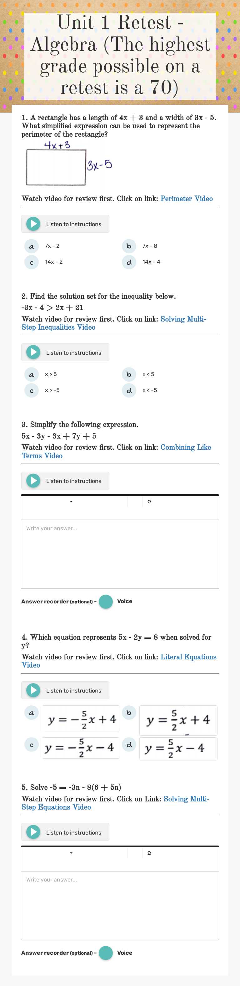 Unit 1 Retest - Algebra (The highest grade possible on a retest is a 70) worksheet preview image