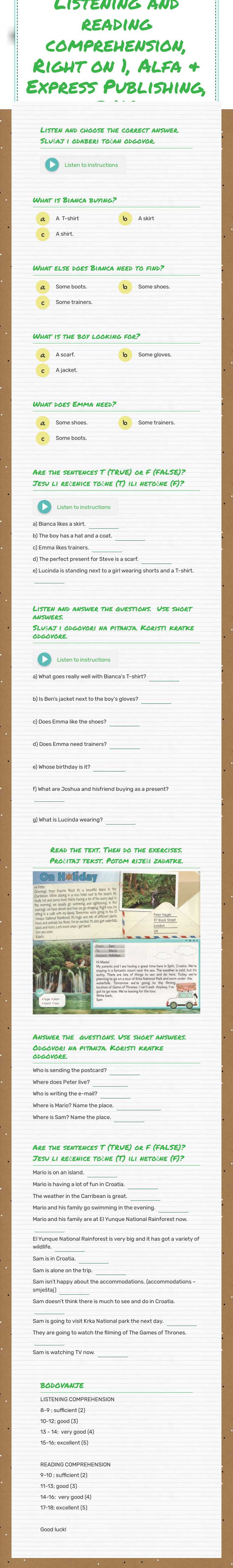 Listening and reading comprehension, Right on 1, Alfa & Express Publishing, 2019 worksheet preview image