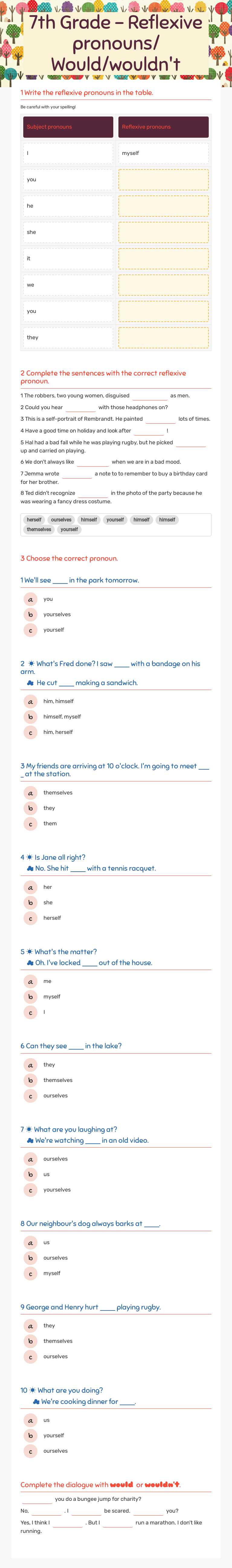 7th Grade - Reflexive pronouns/ Would/wouldn't worksheet preview image