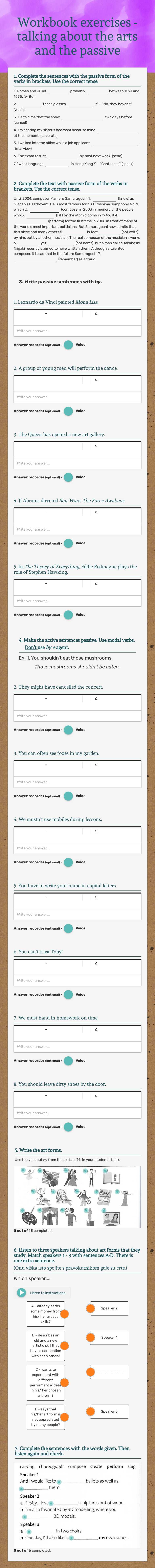 Workbook exercises - talking about the arts and the passive worksheet preview image