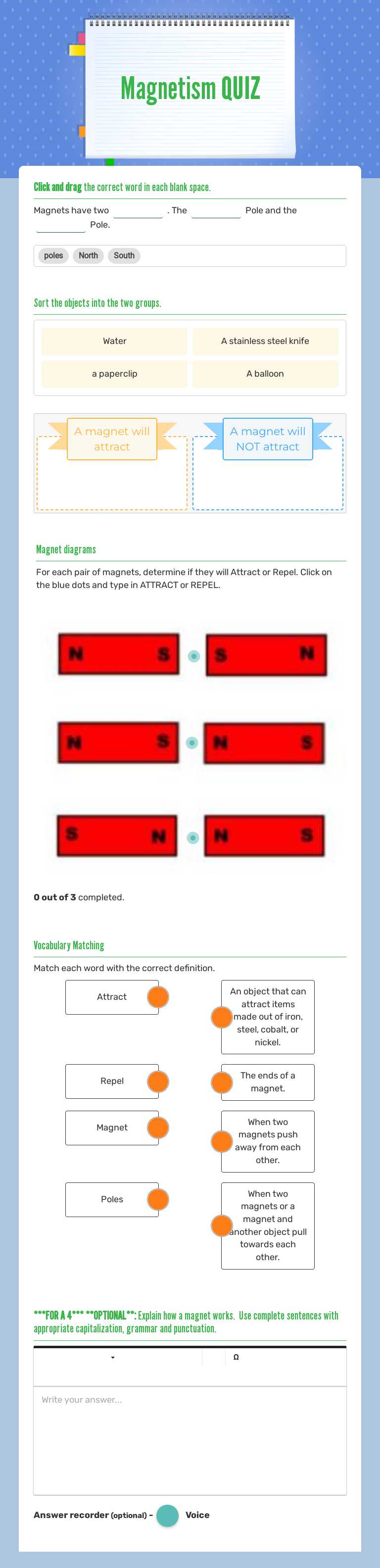 Magnetism QUIZ worksheet preview image