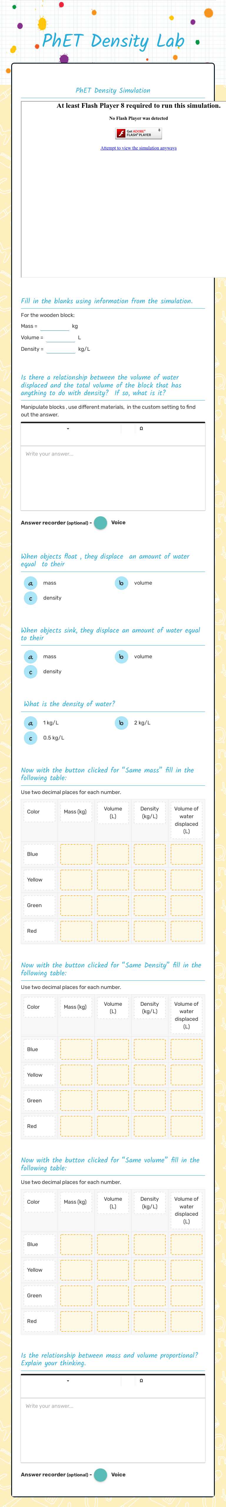 PhET Density Lab Grade 8 worksheet preview