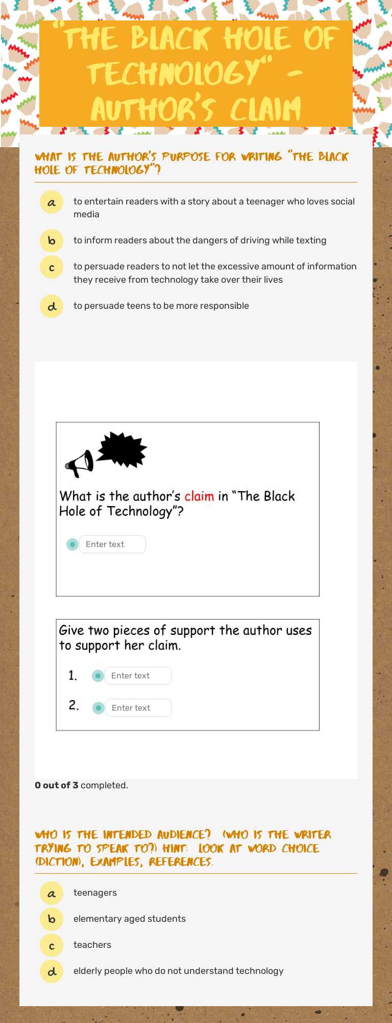 "The Black Hole of Technology" - Author's Claim worksheet preview image