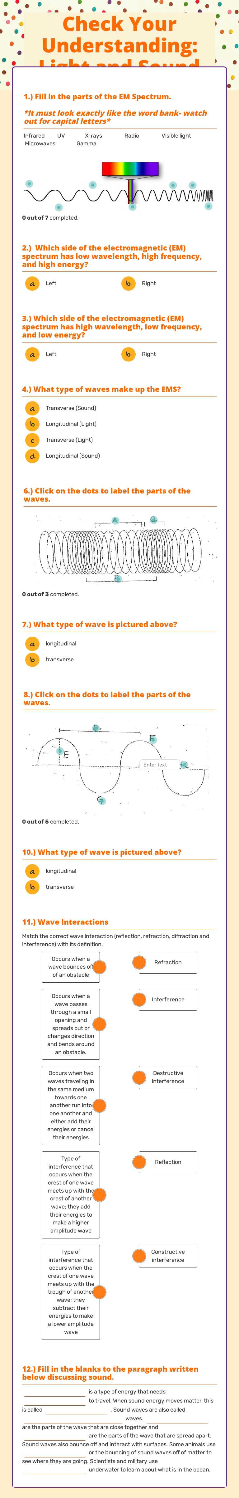 Check Your Understanding:      Light and Sound worksheet preview image