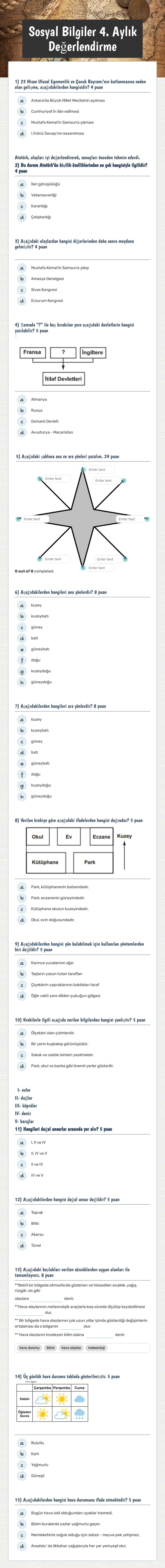Sosyal Bilgiler 4. Aylık Değerlendirme worksheet preview image