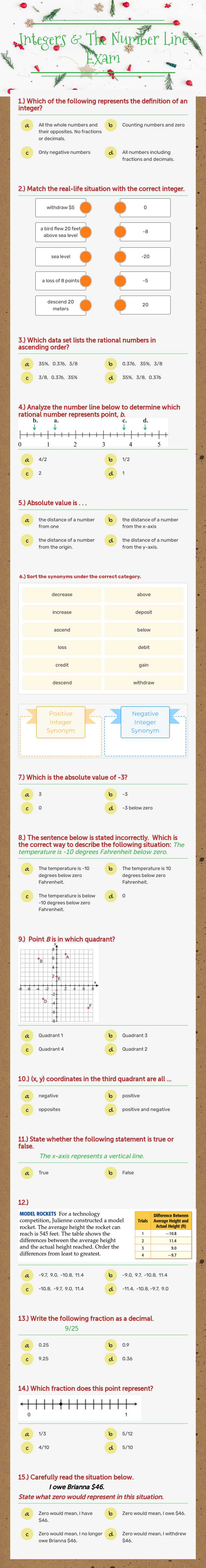 Integers & The Number Line      
 Exam worksheet preview image