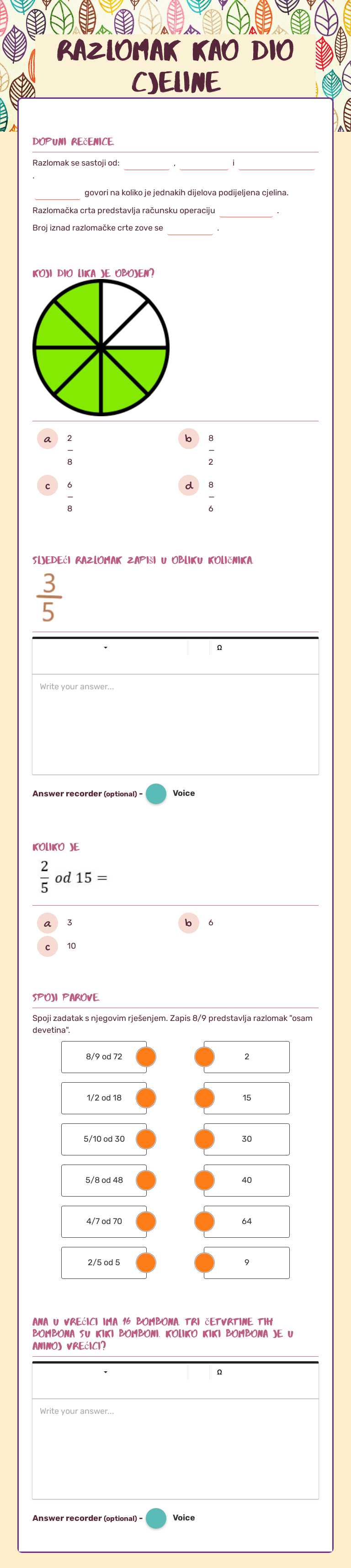 Razlomak Kao dio cjeline Grade 5 worksheet preview
