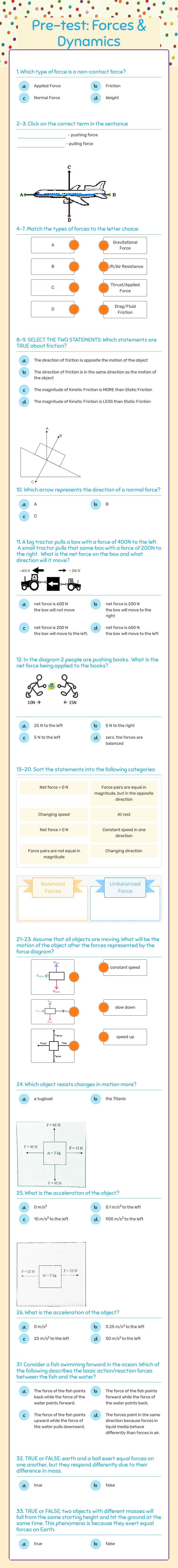 Pre-test: Forces & Dynamics worksheet preview image