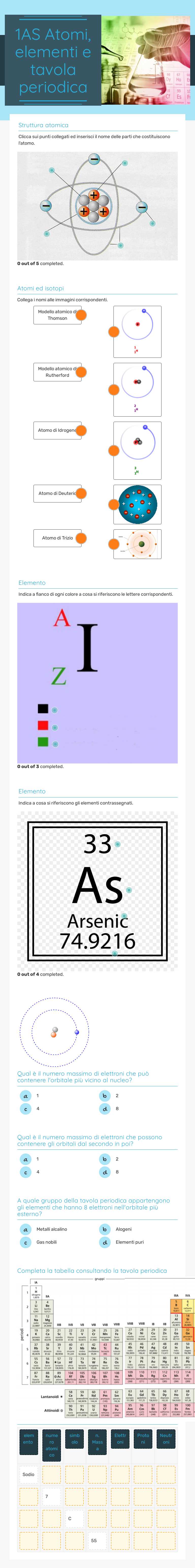 1AS Atomi, elementi e tavola periodica worksheet preview image