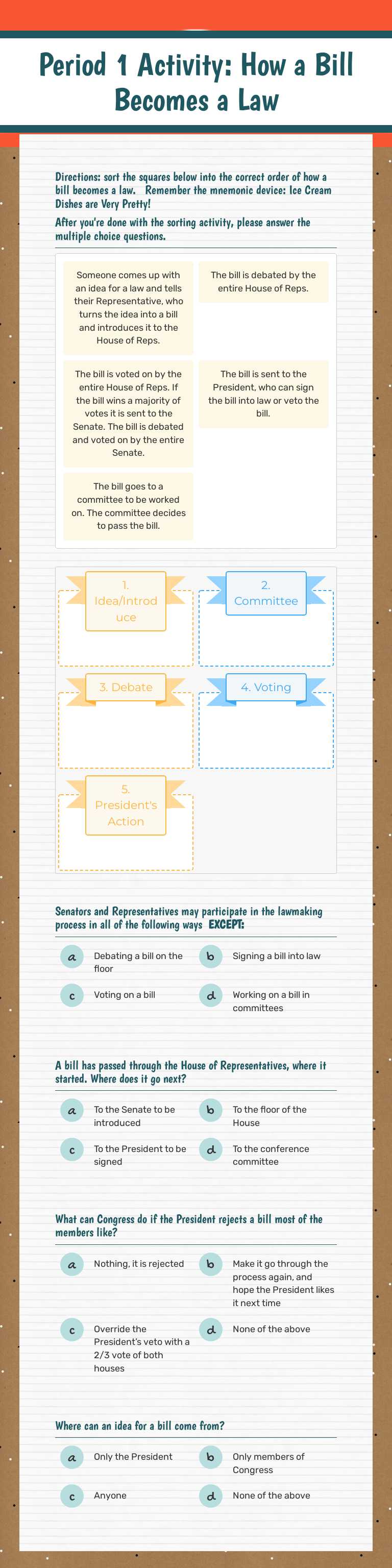 Period 1 Activity: 
How a Bill Becomes a Law worksheet preview image