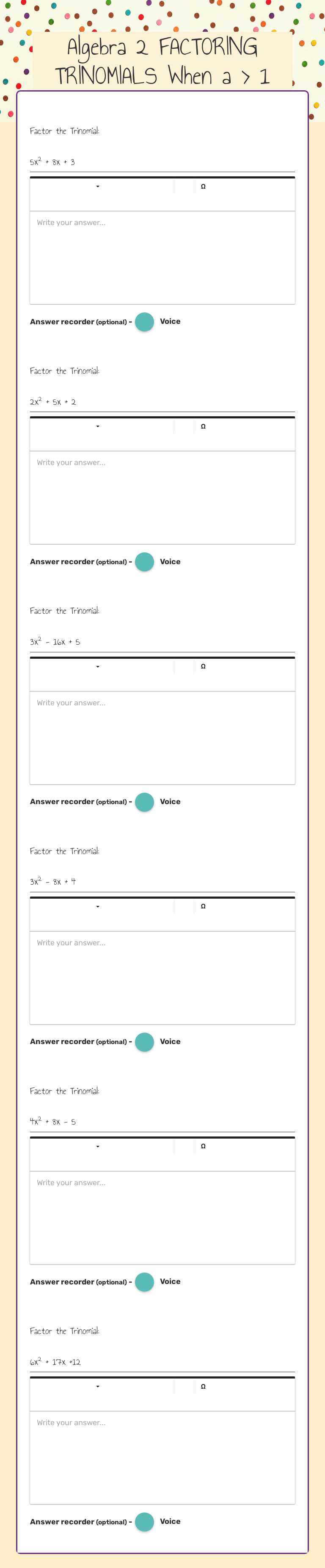 Algebra 2 FACTORING TRINOMIALS When a > 1 worksheet preview image