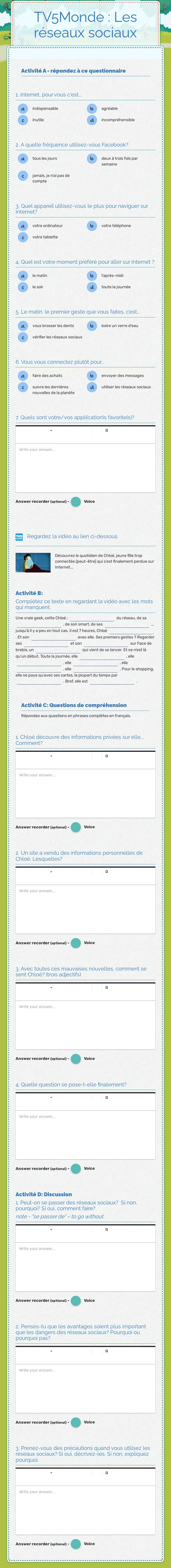 TV5Monde : Les réseaux sociaux worksheet preview image