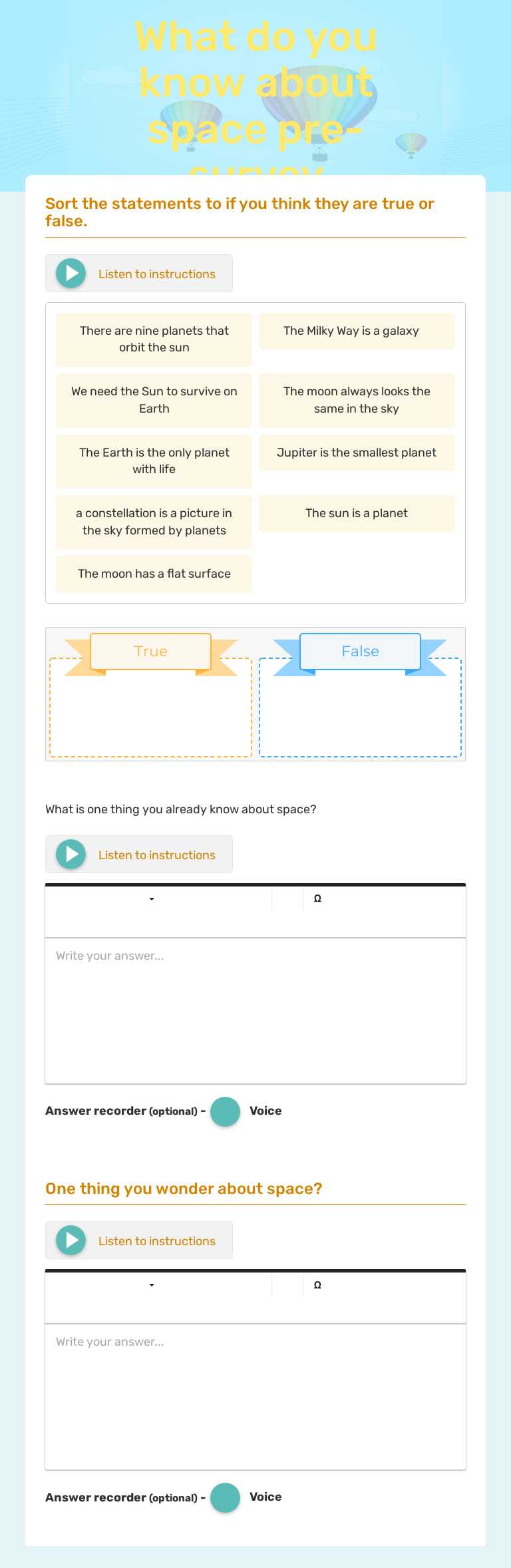 What do you know about space pre-survey worksheet preview image