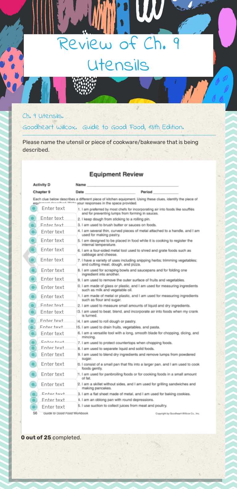 Review of Ch. 9         Utensils worksheet preview image