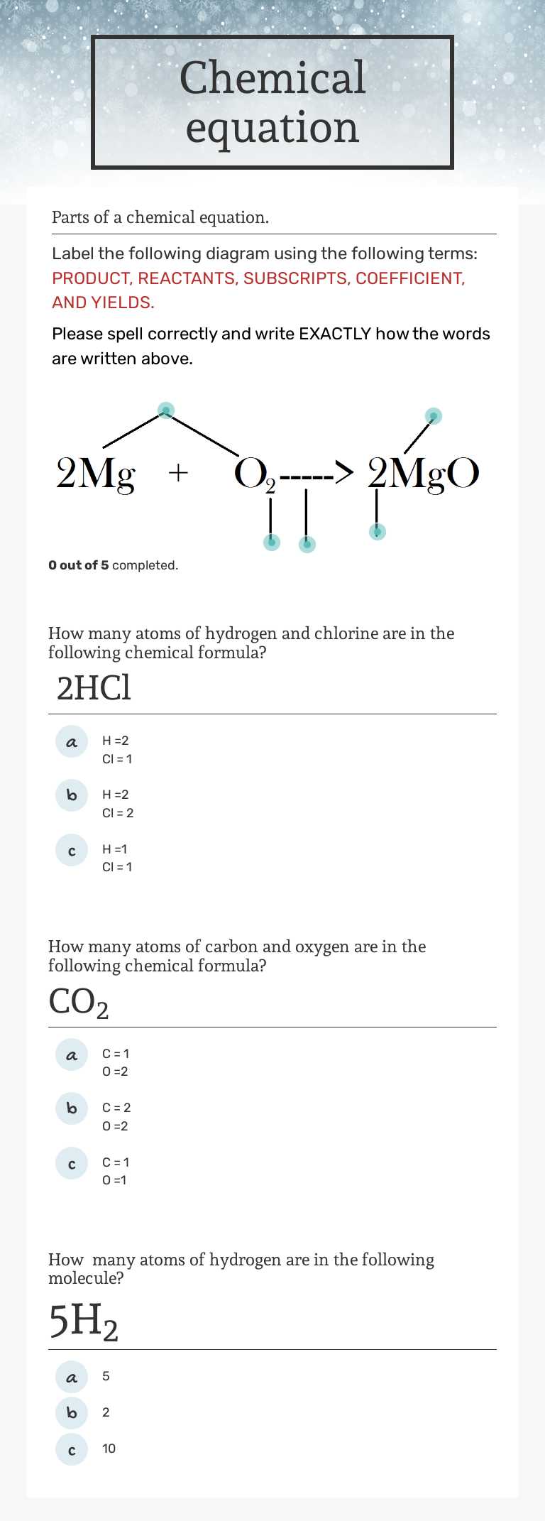 Chemical equation Grade 8 worksheet preview