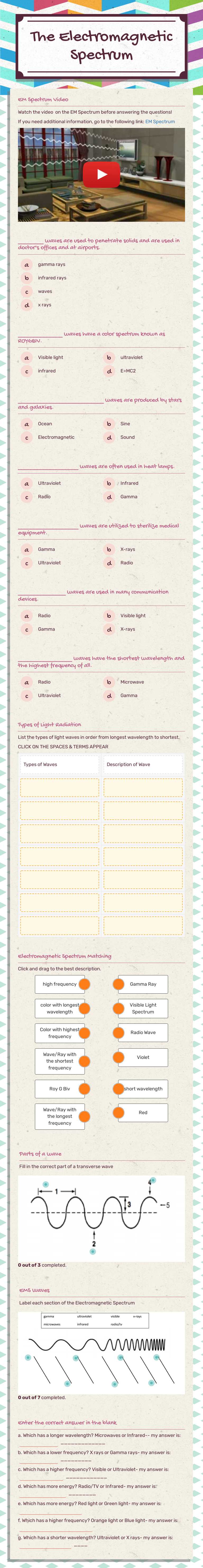 The Electromagnetic Spectrum Grade 10 worksheet preview
