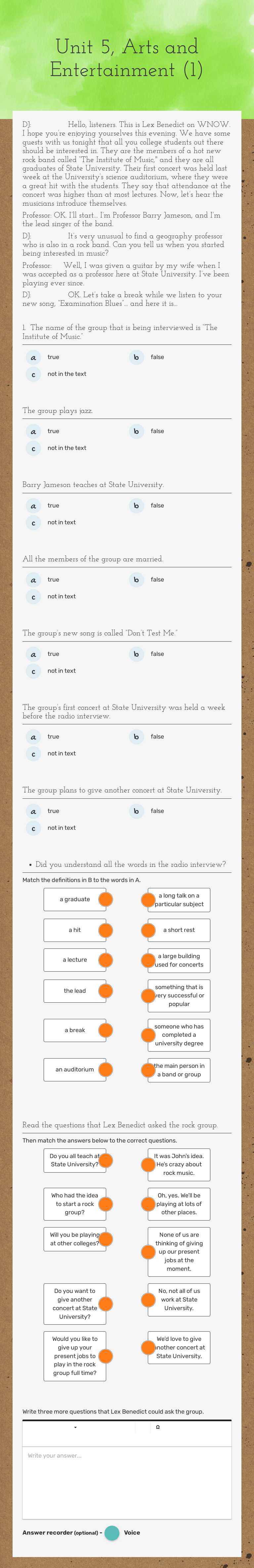 Unit 5, Arts and Entertainment (1) worksheet preview
