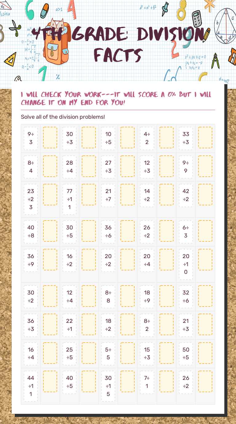 4th Grade: Division Facts worksheet preview image
