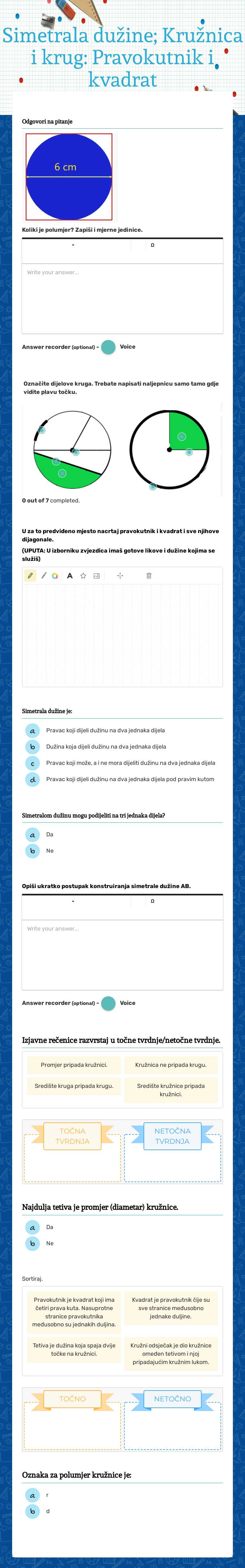 Simetrala dužine; Kružnica i krug: Pravokutnik i kvadrat worksheet preview image