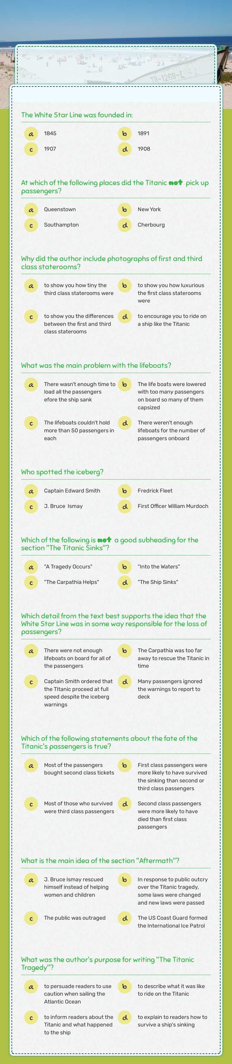 The Titanic Tragedy Comprehension Questions worksheet preview image