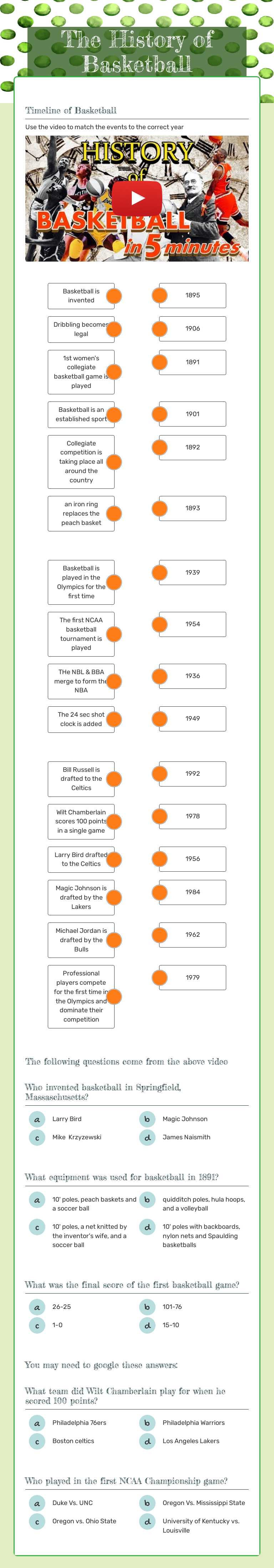 The History of Basketball worksheet preview image