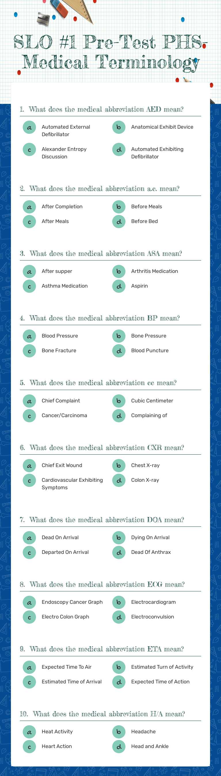 SLO #1 Pre-Test
PHS- Medical Terminology Grade 9 worksheet preview