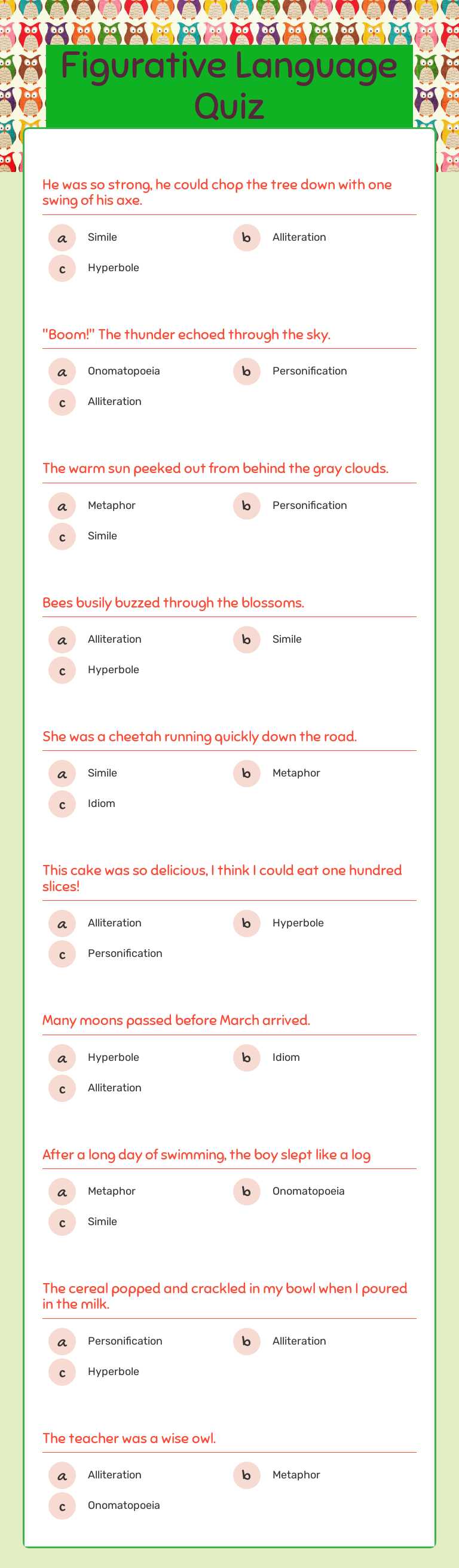 Figurative Language
 Quiz worksheet preview image