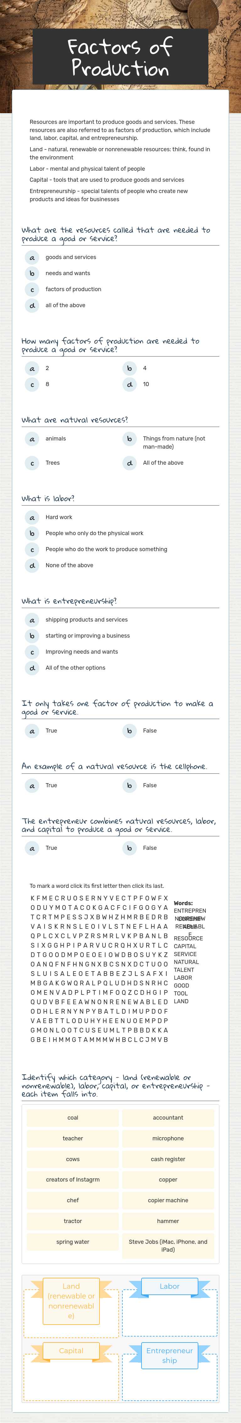 Factors of Production worksheet preview image