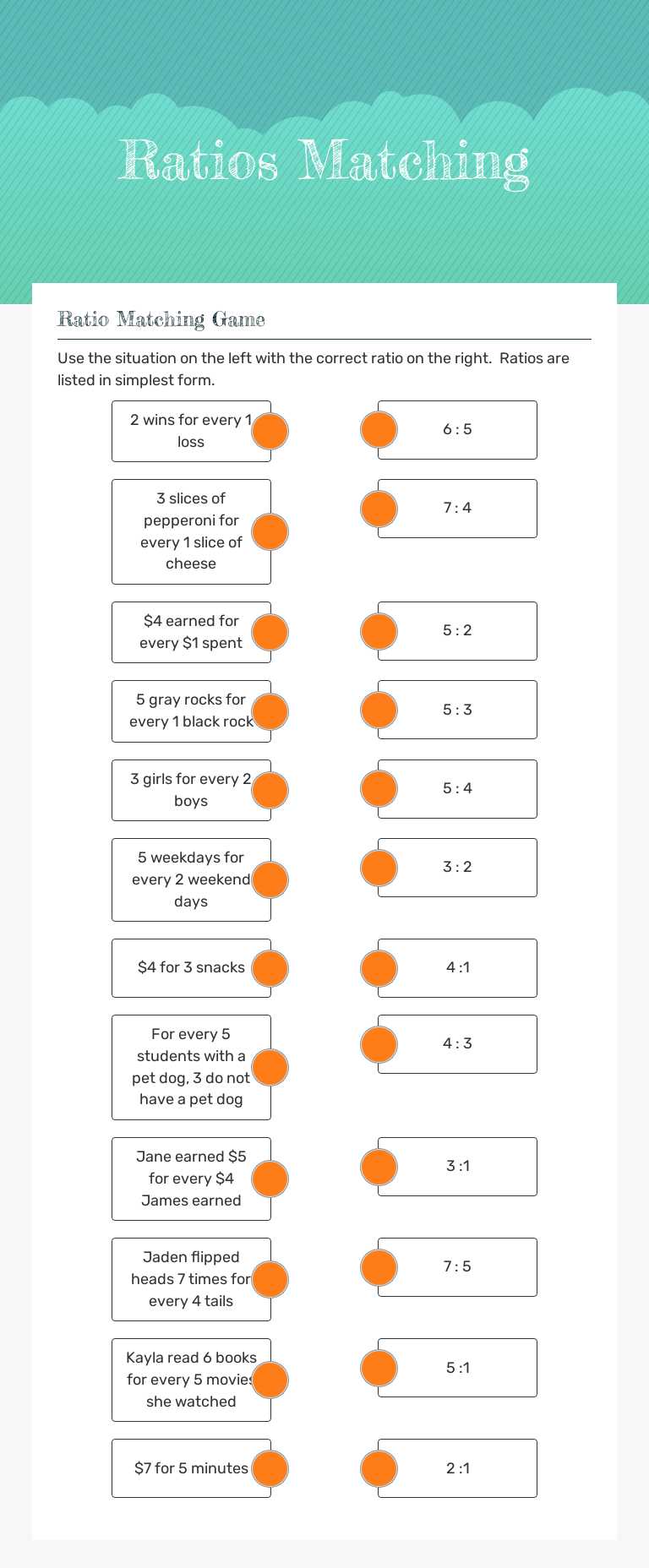 Ratios Matching Grade 6 worksheet preview