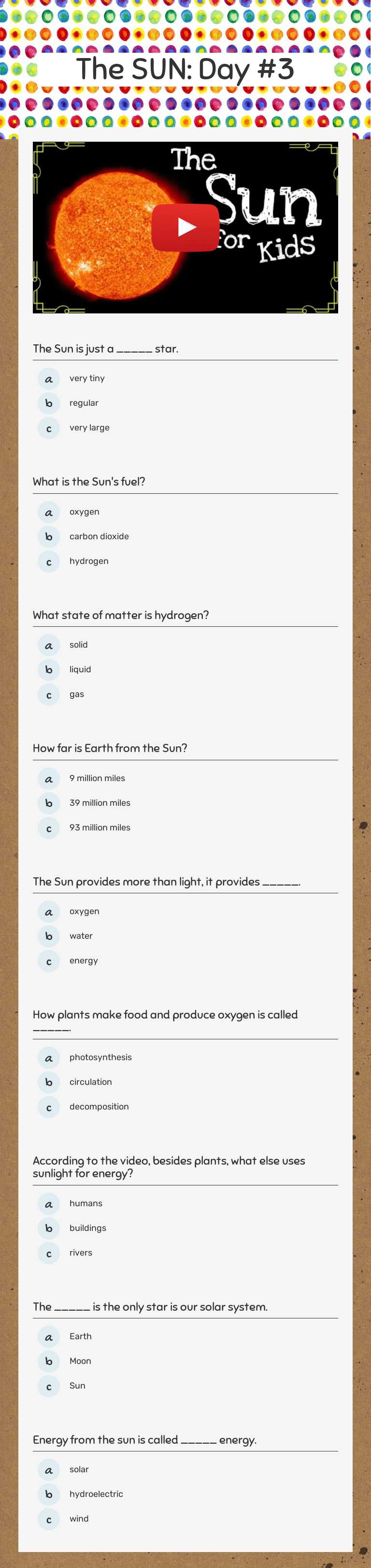 The SUN: Day #3 worksheet preview image