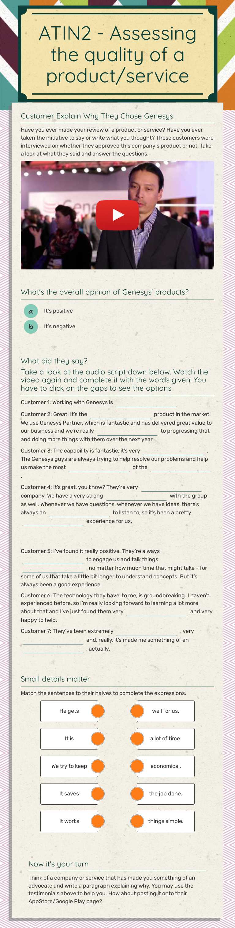 ATIN2 - Assessing the quality of a product/service Other worksheet preview